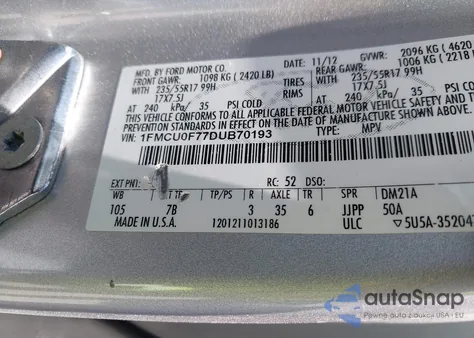 2013 Ford Escape S из США, поврежденный, VIN 1FMCU0F77DUB70193